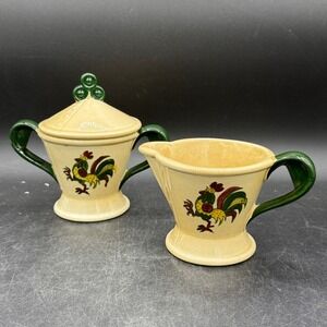 Metlox Poppy Trail California Provincial  Rooster Cream & Sugar Bowl Green EUC
